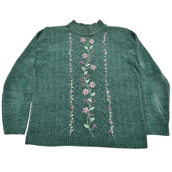 Green Beaded Embroidered Floral Mock Neck Sweater Alfred Dunner Women’s Small - Picture 1 of 6